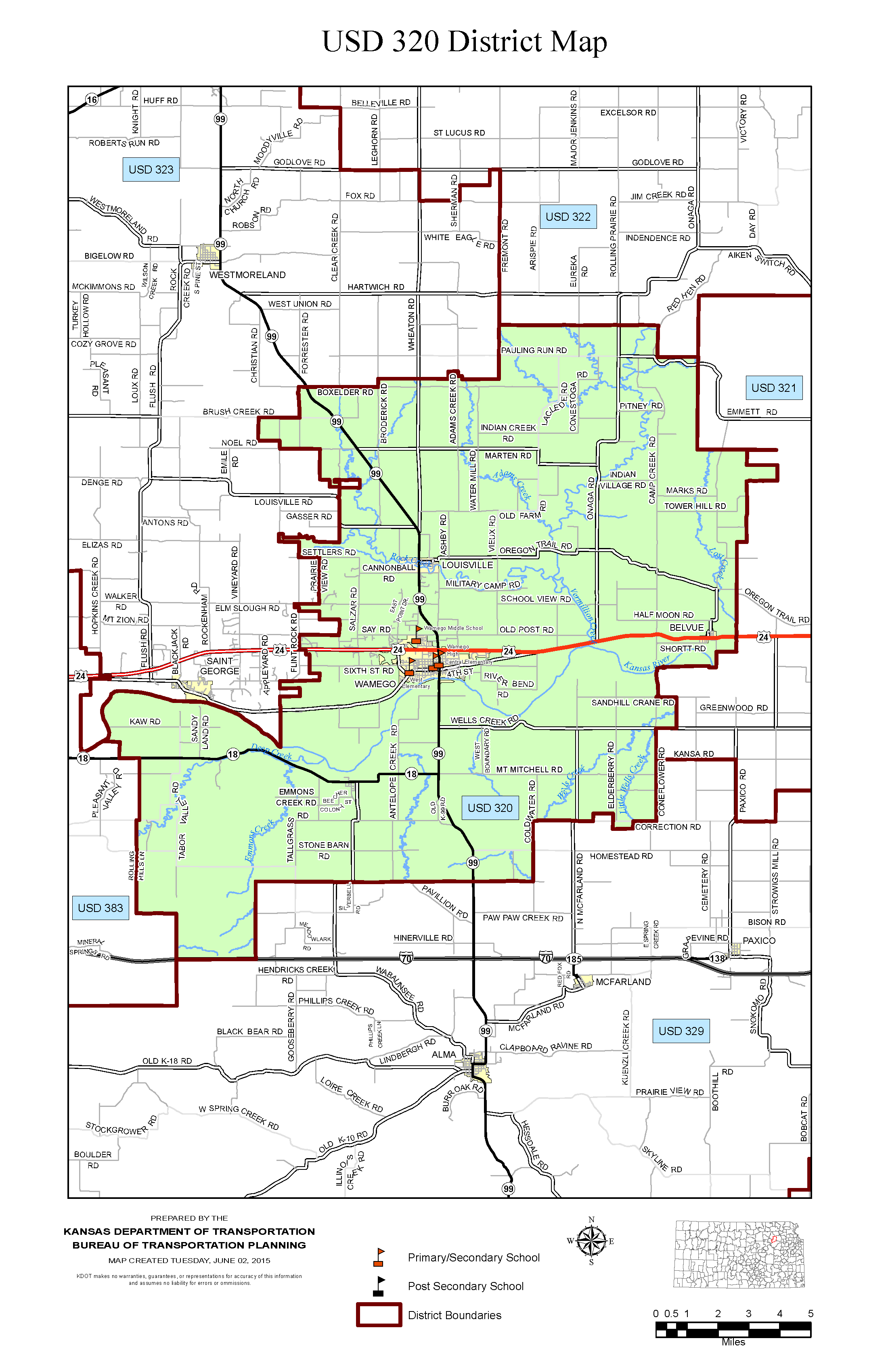 Map of the USD 320 school district highlighted in green, showing district boundaries outlined in red. The district covers Wamego and surrounding rural areas. Neighboring districts USD 321, 322, 323, 329, and 383 are labeled in blue. Roads and creeks such as Louisville Rd, Military Camp Rd, Wells Creek, Indian Creek, and HWY 99 are shown. Icons mark primary/secondary schools and a post-secondary school. The map includes a small locator inset showing its position within Kansas.